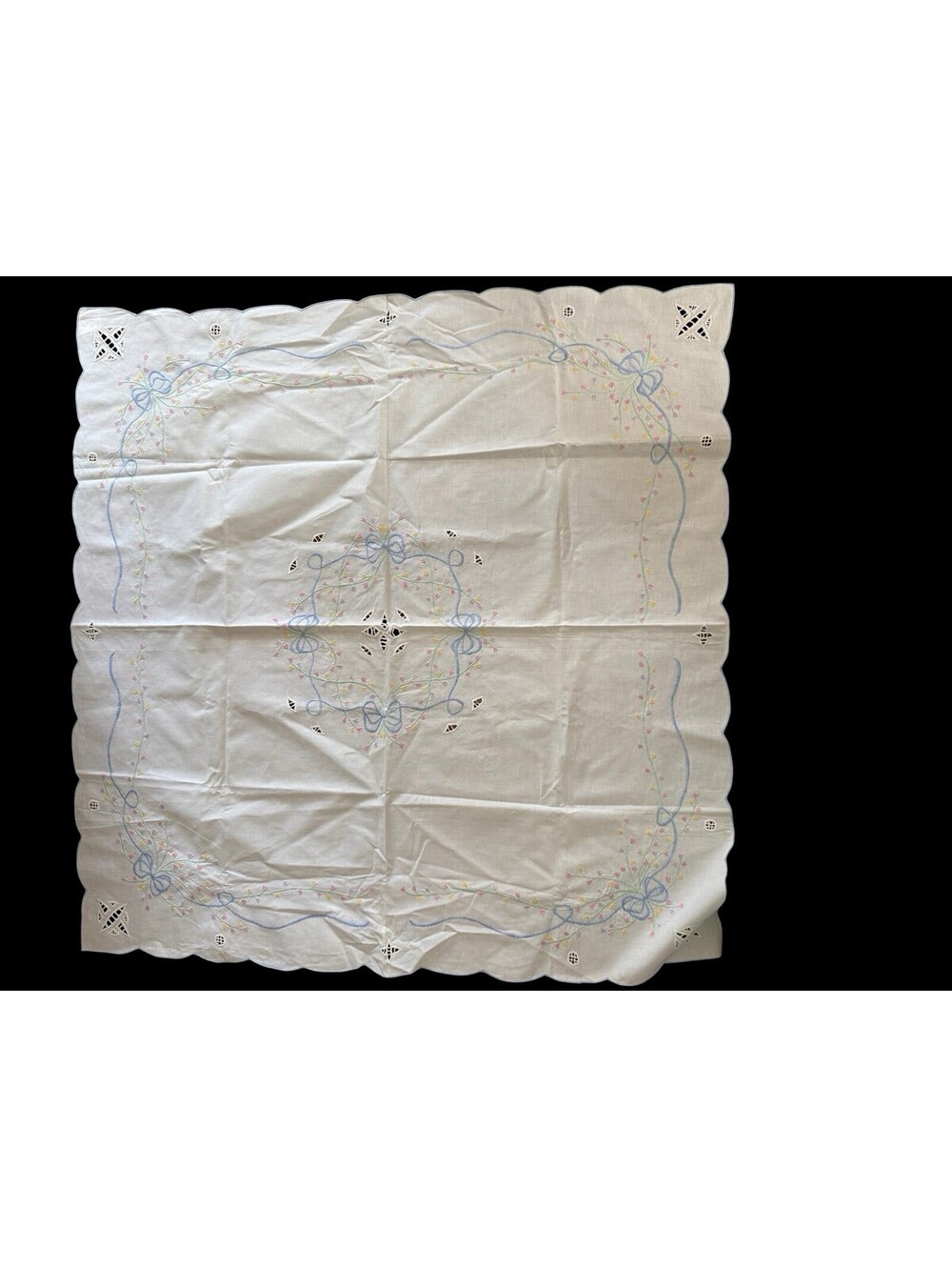Tablecloth Square Pastel Embroidered Design Flowers Bows 41.5” X 42” Cotton